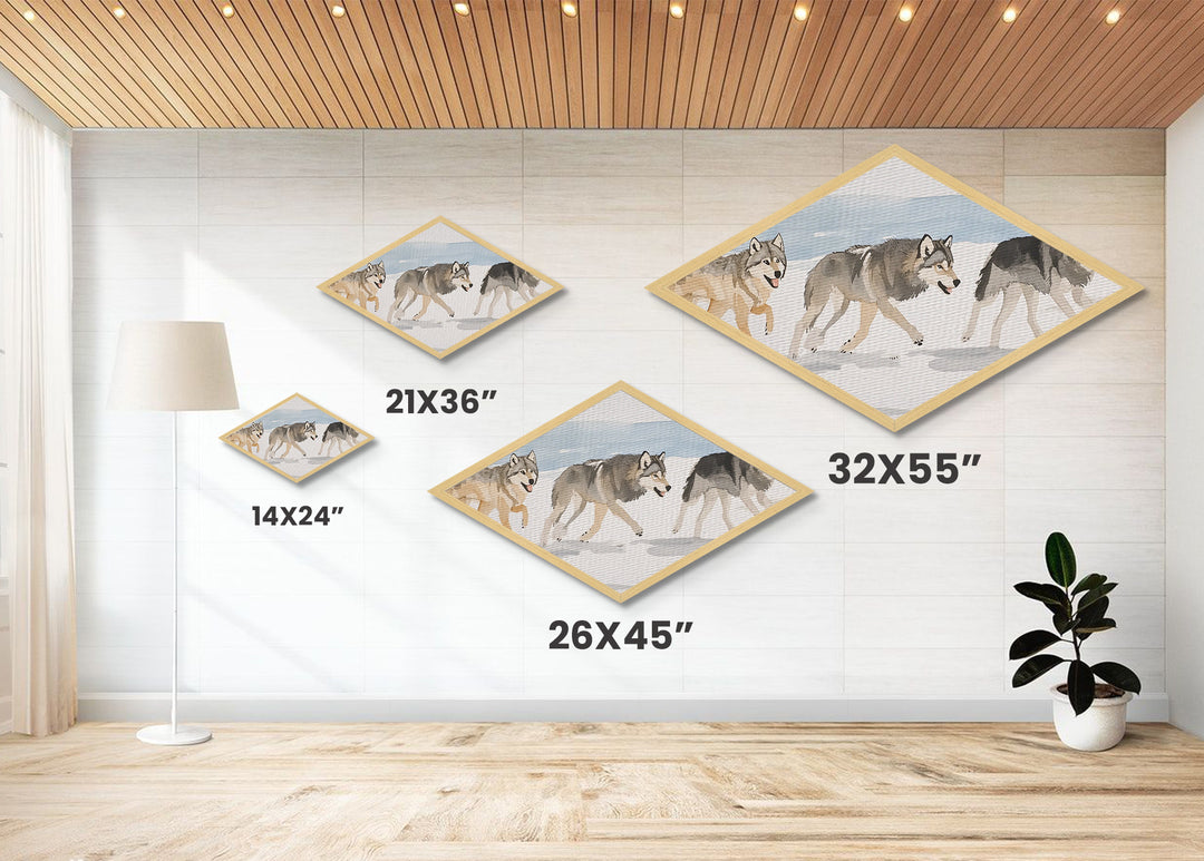 Wolf Pack In The Snow, Framed Canvas Print, Beautiful Watercolor Painting Of Wolves, Canvas Art Print, Diamond Shaped Art
