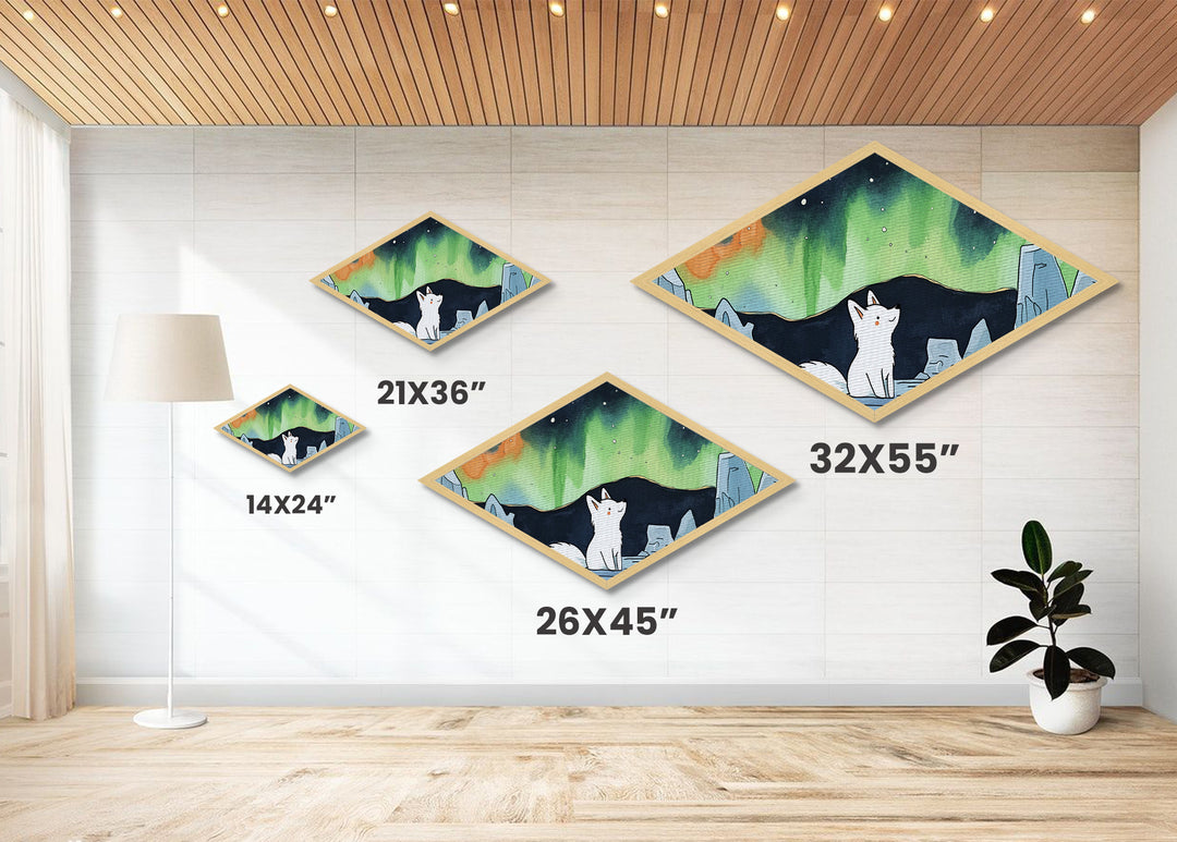 Cute Wolf Cub Under The Northern Lights, Diamond Shaped Canvas Texture Art Print, Coastal Boho Decor