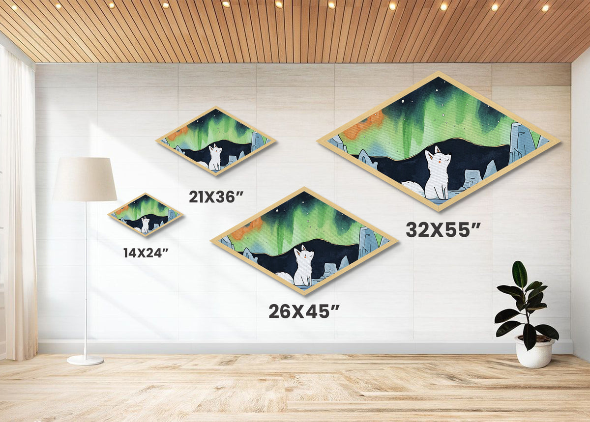 Cute Wolf Cub Under The Northern Lights, Diamond Shaped Canvas Texture Art Print, Coastal Boho Decor