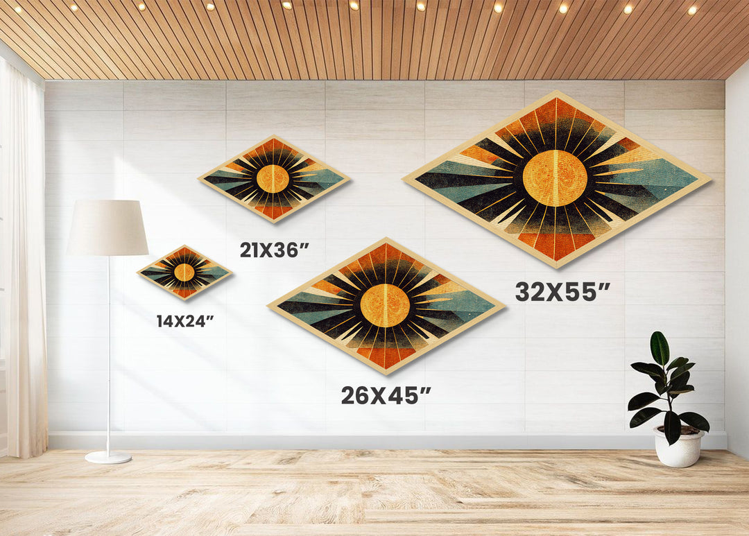 MCM Art Deco Sun Framed Canvas Art Print, Canvas Embossed Art, Retro Wall Art, Modern Home Decor