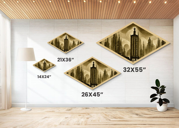 Dark City Art Deco Metropolis, Framed Canvas Art Print, Architecture Painting, Cool office Decor Gift For Him