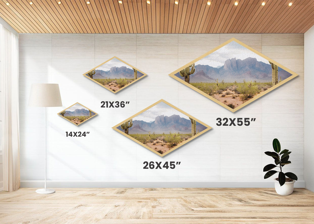 Desert Mountain Cactus View Diamond Shaped Canvas Textured Print southwestern desert landscape wall art rustic home decor gift