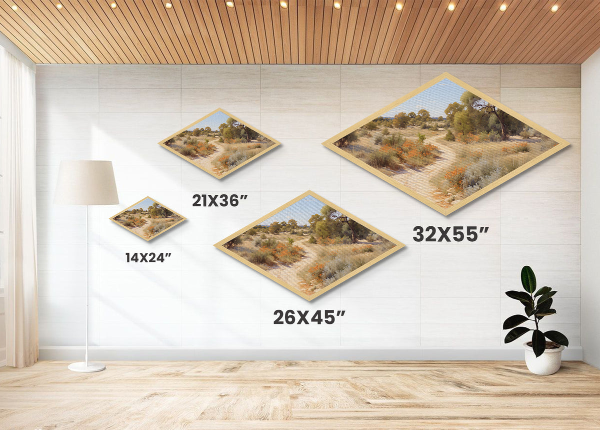 Desert Blossom Trail Diamond Shaped Canvas Embossed Print natural warm toned arid path art soft toned countryside landscape decor