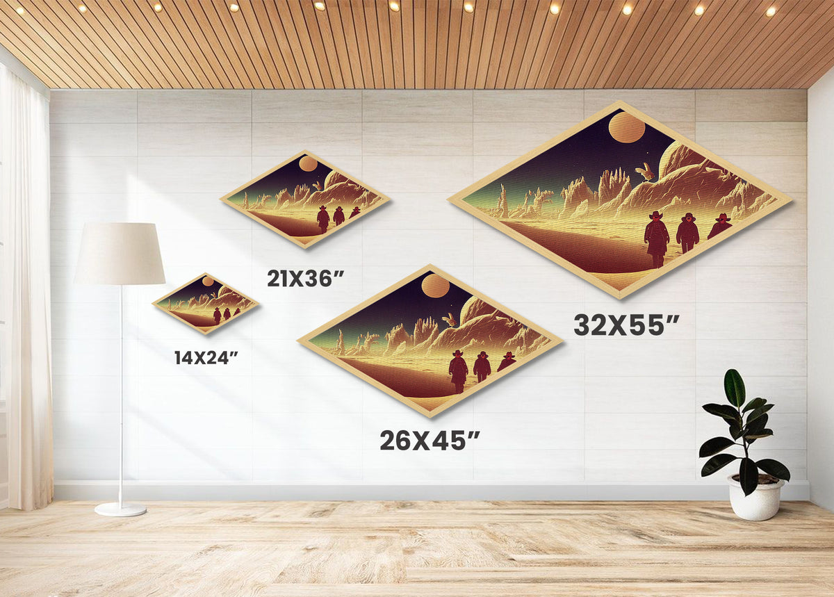 Surreal Desert Travelers Diamond Shaped Canvas Art Print sci-fi western moonscape fantasy terrain illustration cowboy outer space