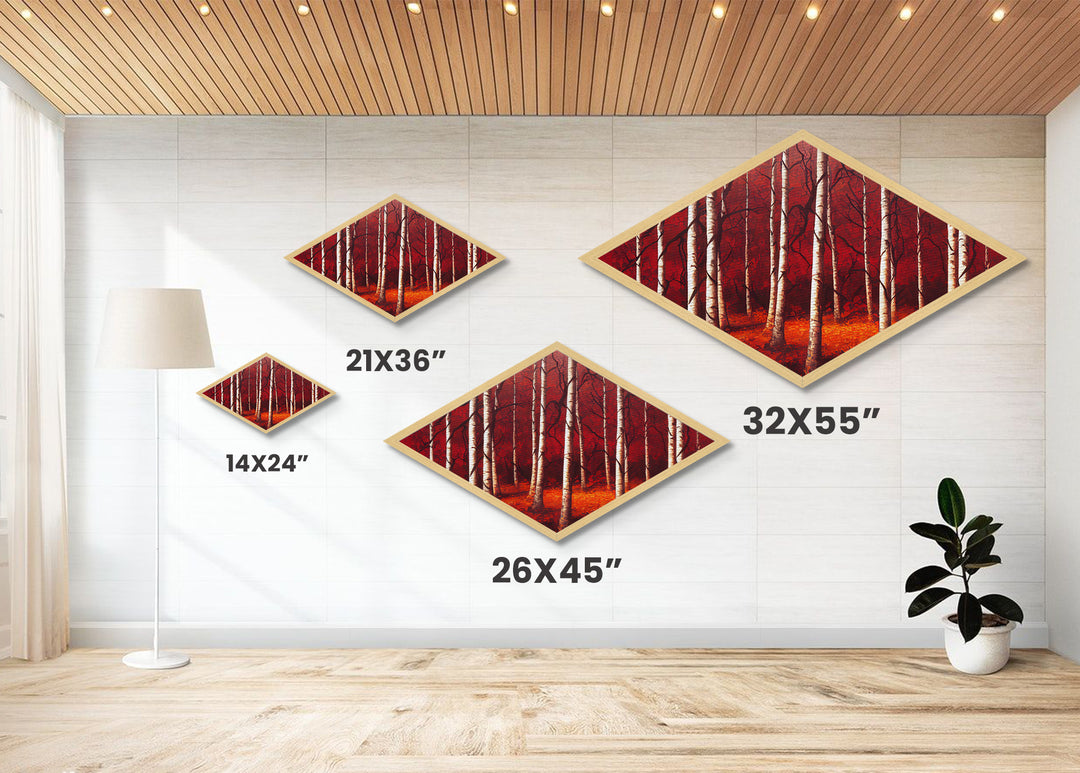 Crimson Birch Serenity Diamond Shaped Canvas Textured Print woodland red forest wall art nature painting rustic decor autumn tree scene