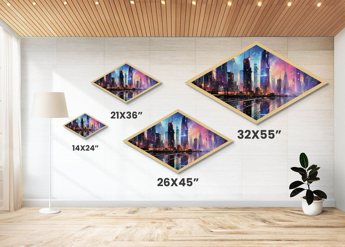Neon Skyline Dreams Diamond Shaped Canvas Textured Print futuristic cyberpunk cityscape urban skyline glowing night downtown wall art
