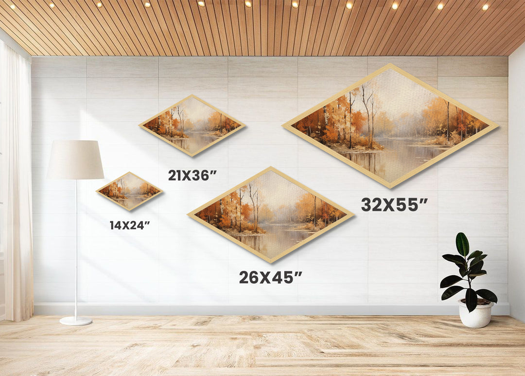 Autumn River Mist Diamond Shaped Canvas Textured Print fall foliage forest lake reflection tranquil landscape nature orange wall decor