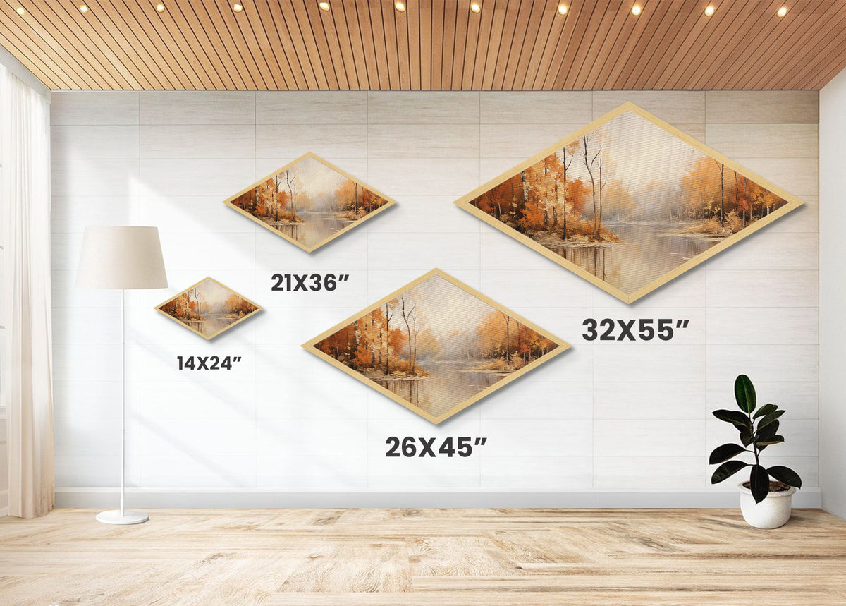 Autumn River Mist Diamond Shaped Canvas Textured Print fall foliage forest lake reflection tranquil landscape nature orange wall decor