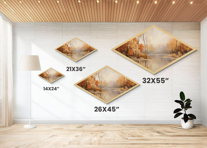 Autumn River Mist Diamond Shaped Canvas Textured Print fall foliage forest lake reflection tranquil landscape nature orange wall decor
