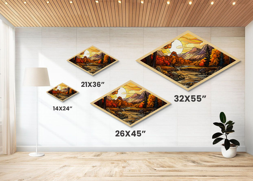 Diamond Shaped Autumn Gold Forest Canvas Textured Print Fall Leaves Landscape Misty Woodland Home Wall Decor Seasonal Nature Scene