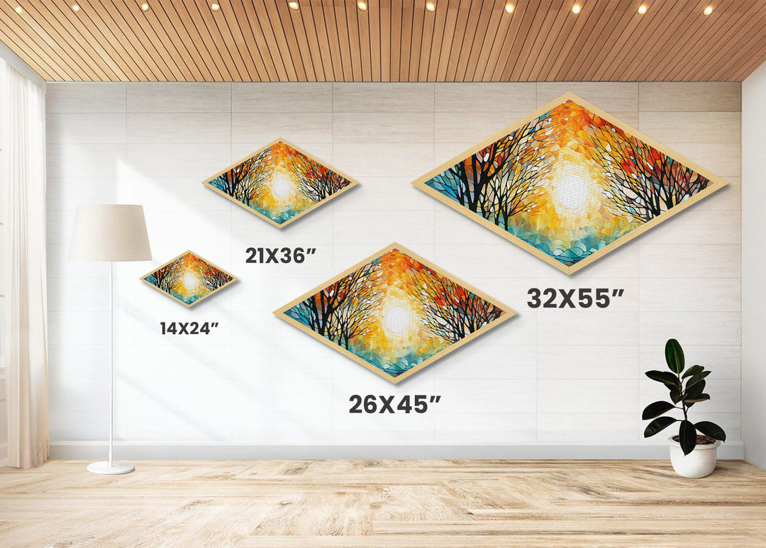 Diamond Shaped Sunset Tree Light Canvas Embossed Print Autumn Forest Stained Glass Style Landscape Wall Art Golden Hour Illumination