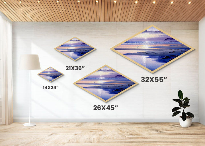 Pastel Coast Horizon – Diamond Shaped Tranquil Beach Scene, Serene Seaside Canvas Textured Print, Watercolor Ocean Wall Art