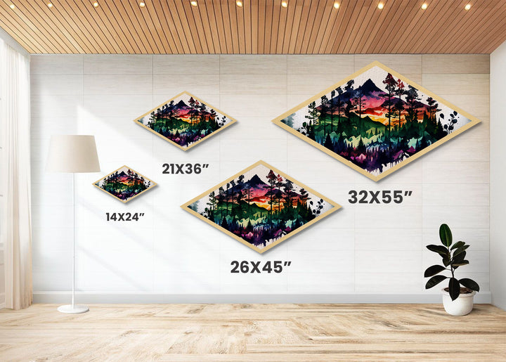 Vibrant Forest Silhouette – Diamond Shaped Mountain Sunset Canvas Textured Print, Abstract Nature Landscape Wall Art