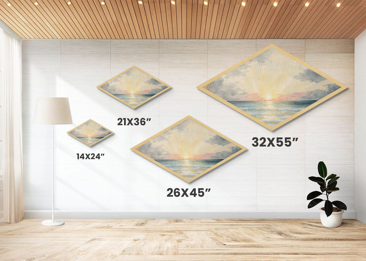 Serene Ocean Light – Diamond Shaped Pastel Seascape Canvas Textured Print, Soothing Sky and Waves Wall Decor Piece