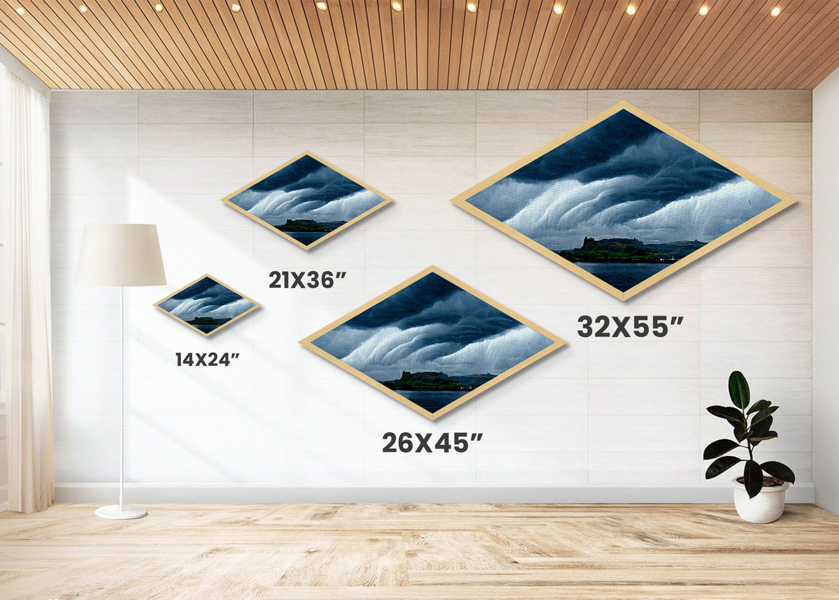 Storm Over Castle Diamond Shaped Dramatic Sky Canvas Art Print Thunderclouds Over Water Moody Landscape Gothic Fantasy Wall Decor