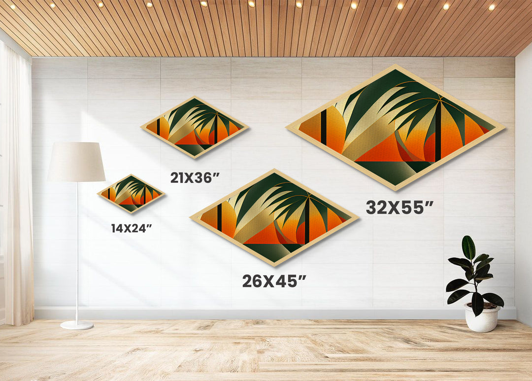 Diamond Shaped Palm Horizon — Tropical Abstract Retro Sunset Canvas Embossed Print, Geometric Island Decor, Bold Beach Theme