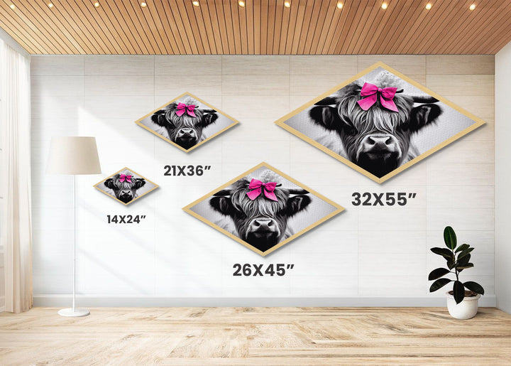 Diamond Shaped Highland Cow — Black and White Animal Portrait Canvas Textured Print, Farmhouse Decor, Pink Bow Nursery Art
