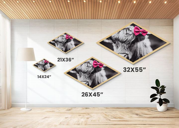 Diamond Shaped Cow Detail — Cute Highland Cow Wall Art Canvas Embossed Print, Rustic Farm Animal Decor, Pink Bow Aesthetic