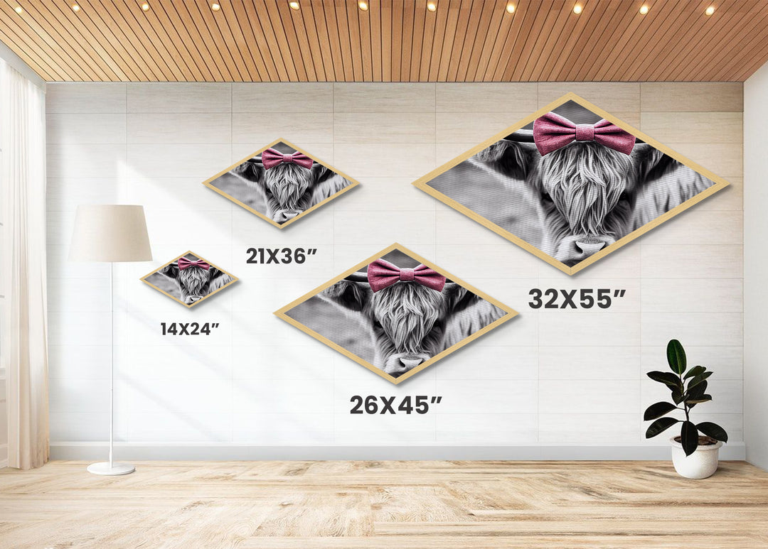 Diamond Shaped Cow Glance — Monochrome Highland Cow Canvas Textured Print, Farm Wall Decor, Whimsical Animal Art with Bow