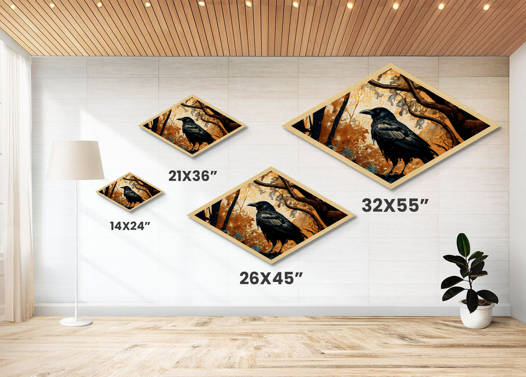 Diamond Shaped Autumn Raven — Dark Forest Bird Art Canvas Embossed Print, Gothic Nature Wall Decor, Mysterious Crow Theme