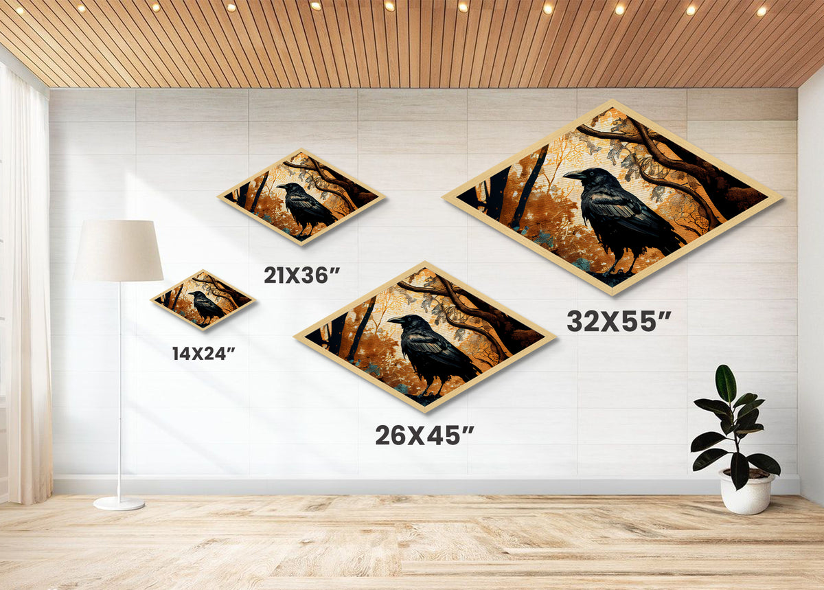 Diamond Shaped Autumn Raven — Dark Forest Bird Art Canvas Embossed Print, Gothic Nature Wall Decor, Mysterious Crow Theme