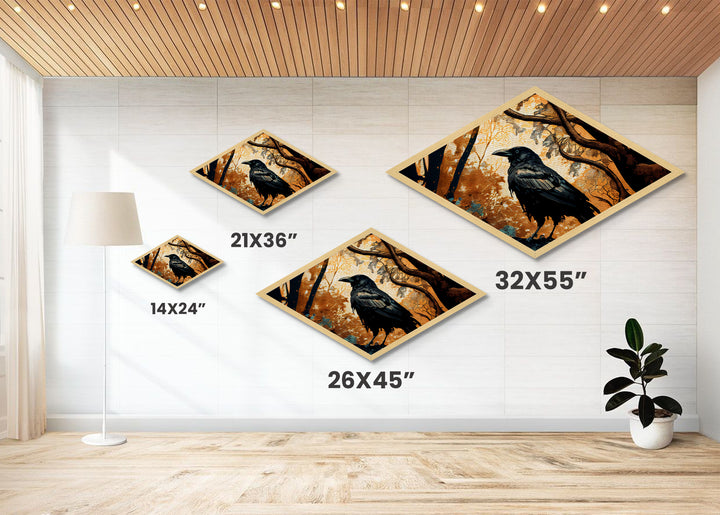 Diamond Shaped Autumn Raven — Dark Forest Bird Art Canvas Embossed Print, Gothic Nature Wall Decor, Mysterious Crow Theme