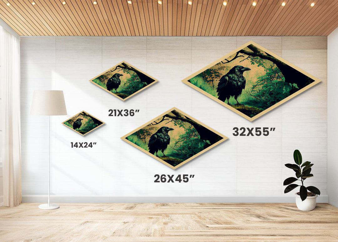 Diamond Shaped Forest Crow — Enchanted Woodland Raven Canvas Art Print, Mystical Bird Decor, Moody Nature Wall Hanging