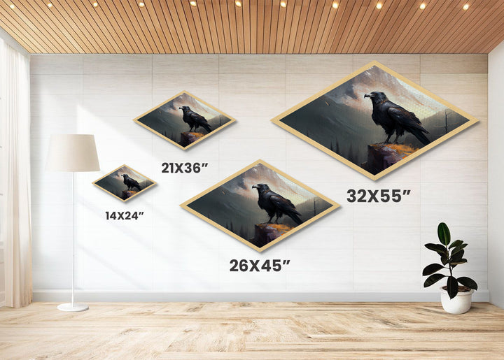 Diamond Shaped Mountain Raven — Dramatic Wilderness Bird Canvas Textured Print, Misty Cliff Landscape Wall Decor, Crow Art