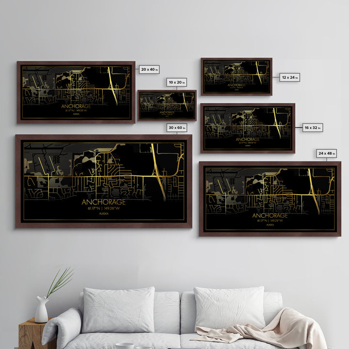 Anchorage Alaska City street map, Metallic Gold Print, Metal Art, wood framed map, black and gold, Street Map Wall Art, Best Friend Gifts, Modern Wall Art