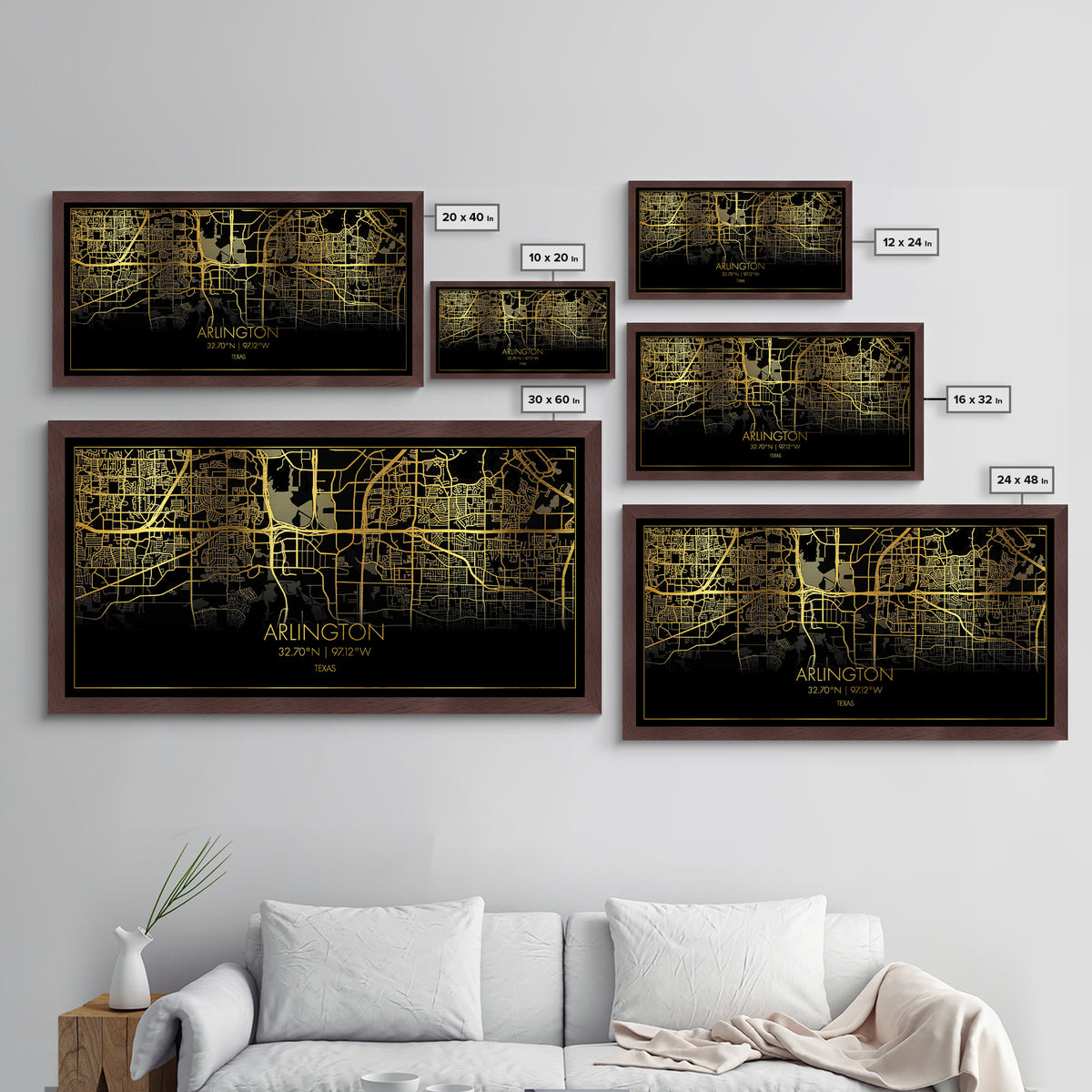 Arlington Texas City Poster, Metallic Gold Art, Metal Art, real wood frames, black and gold, Street Map Art, College Dorm Décor, Wall Art, Map Art
