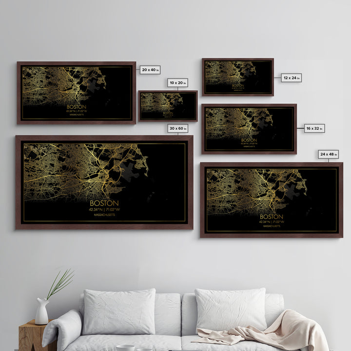 Boston Massachusetts City Poster, Metallic Gold Art, Metal Art, real wood frames, black and gold, Street Map Art, Modern Wall Art