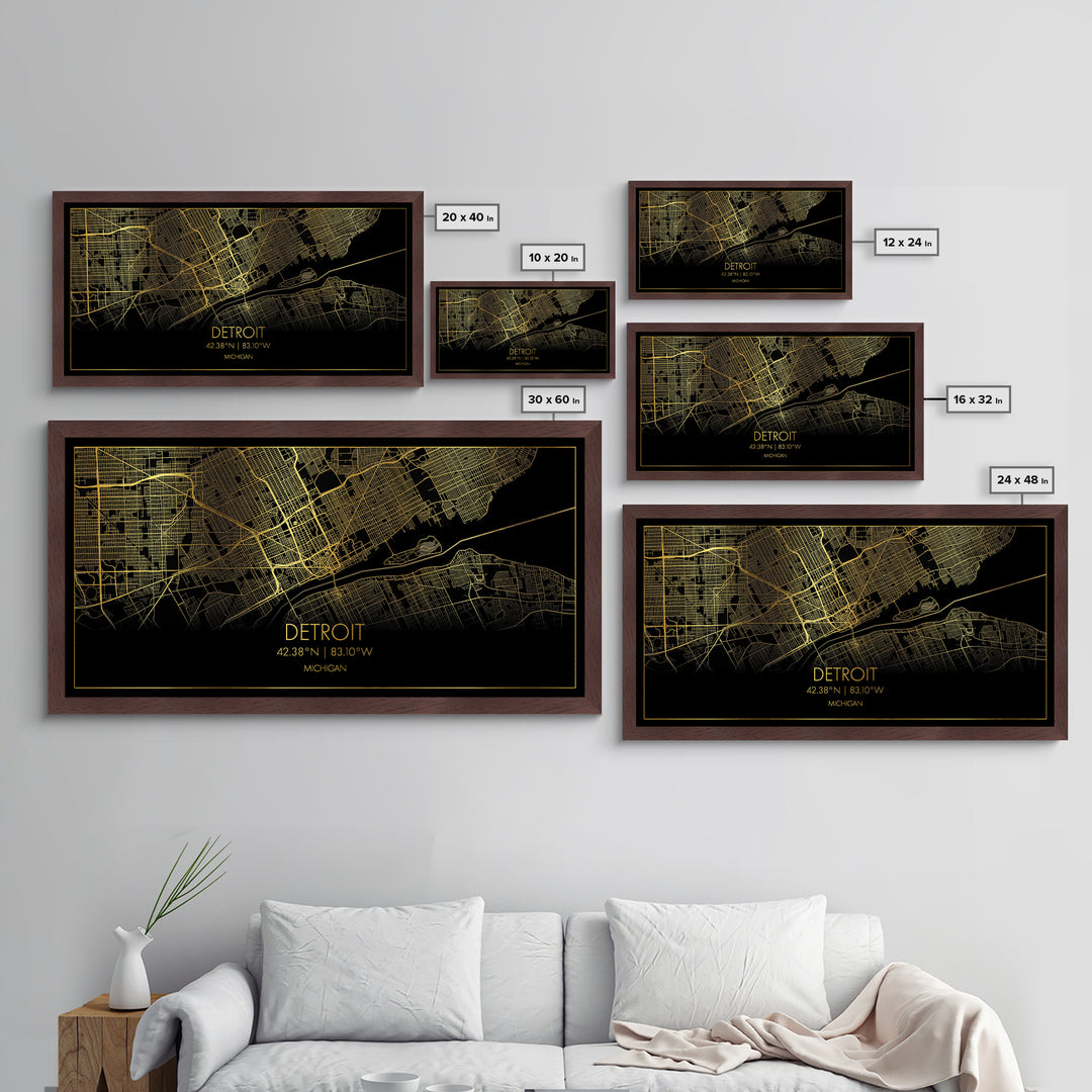 Detroit Michigan City street map, Metallic Gold Print, Metal Art, wood framed map, black and gold, Street Map Art, Map Print Poster