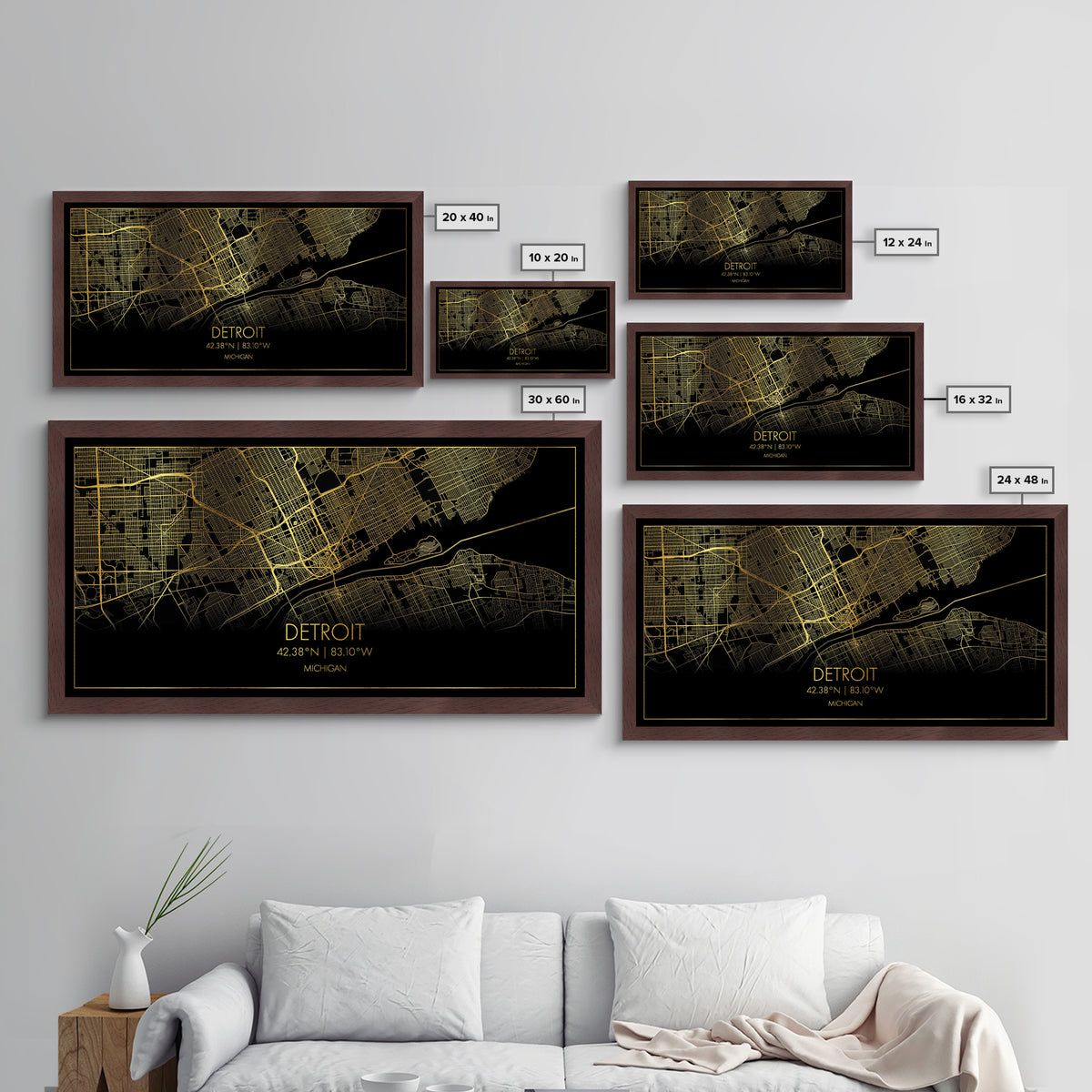 Detroit Michigan City street map, Metallic Gold Print, Metal Art, wood framed map, black and gold, Street Map Art, Map Print Poster