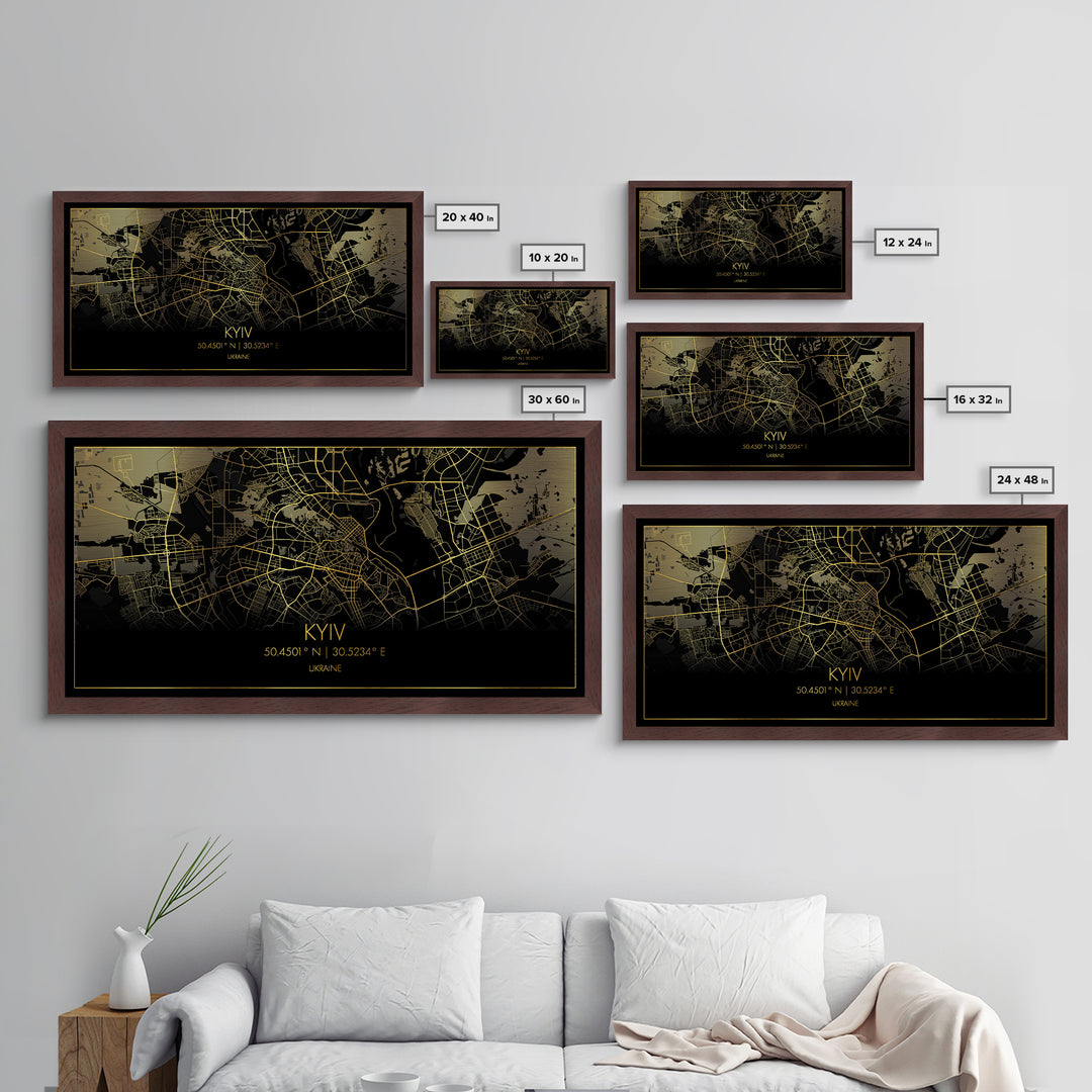 Kyiv Ukraine City street map, Metallic Gold Print, Metal Art, wood framed map, black and gold, Street Map Wall Art, Travel Poster