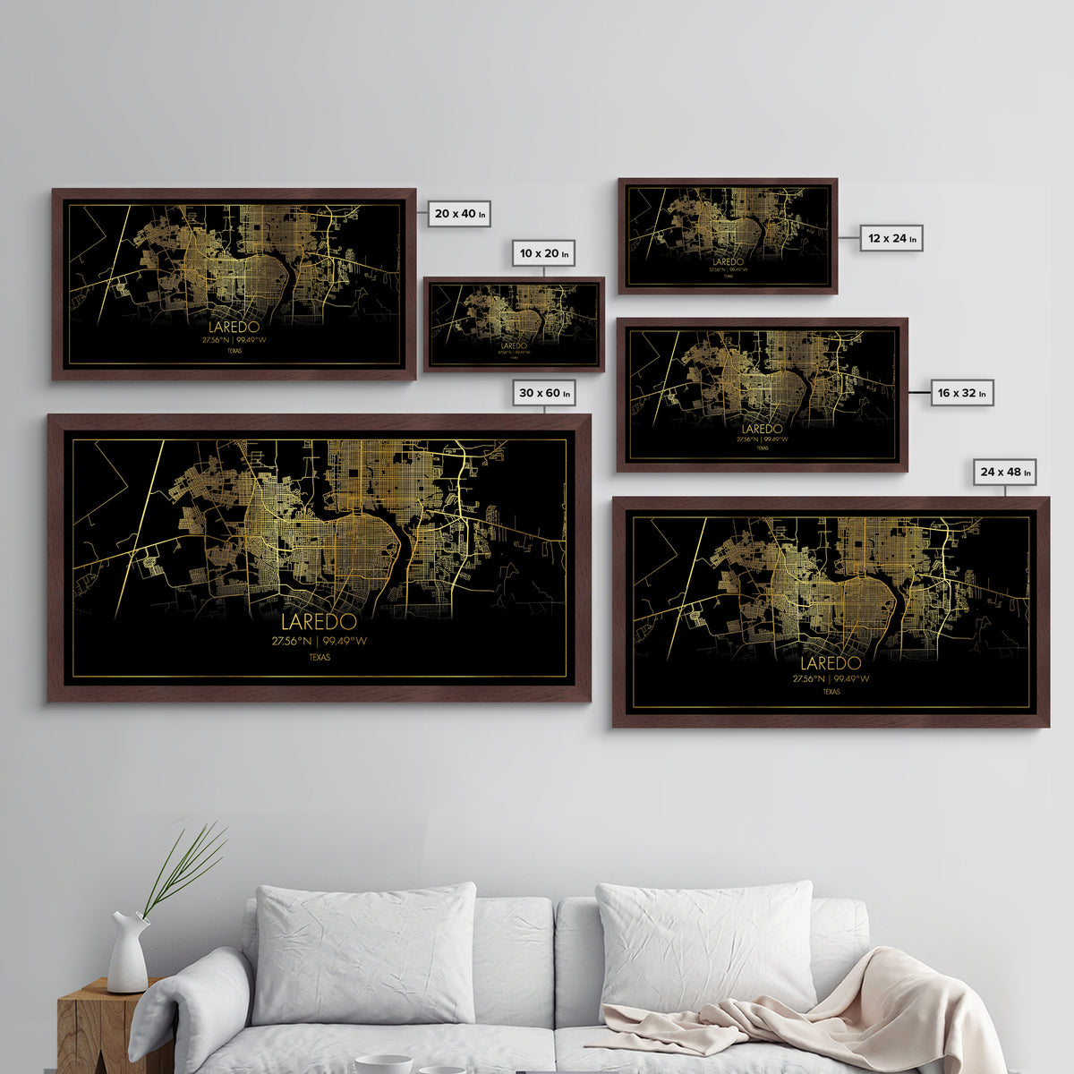 Laredo Texas City Poster, Metallic Gold Art, Metal Art, real wood frames, black and gold, Street Map Art, Modern House Art