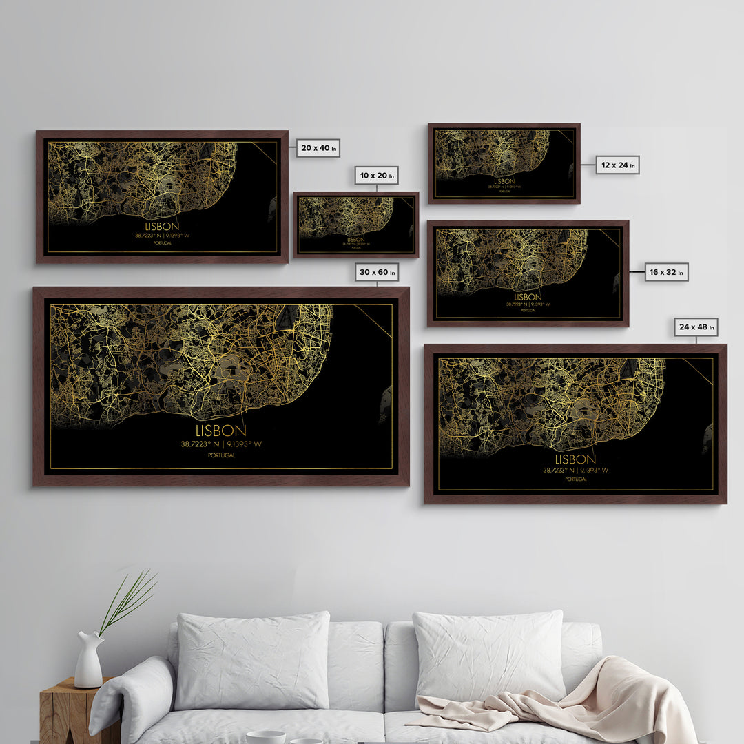 Lisbon Portugal City street map, Metallic Gold Print, Metal Art, wood framed map, black and gold, Travel Poster, Modern Wall Art