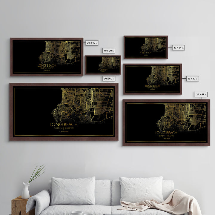 Long Beach California City Poster, Metallic Gold Art, Metal Art, real wood frames, black and gold, Gold Street Map Art, Minimalist Wall Art