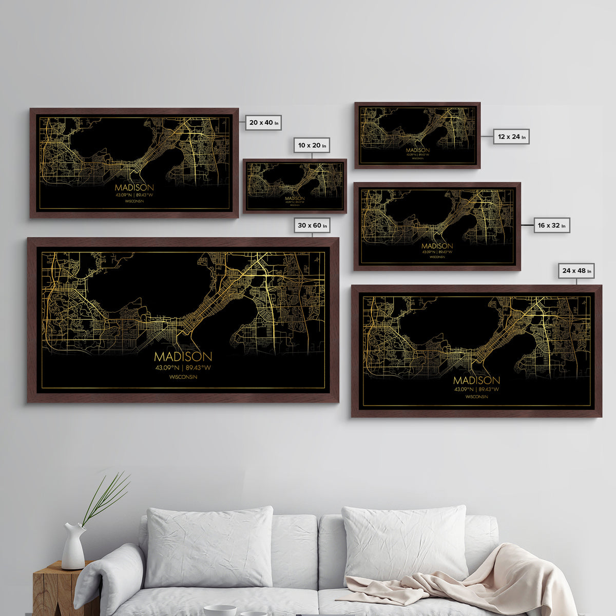 Madison Wisconsin City Poster, Metallic Gold Art, Metal Art, real wood frames, black and gold, Travel Poster, Minimalist Wall Art