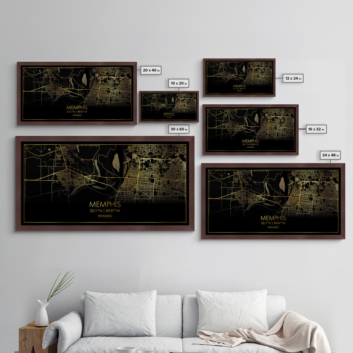 Memphis Tennessee City Poster, Metallic Gold Art, Metal Art, real wood frames, black and gold, Street Map Art, Housewarming Gift