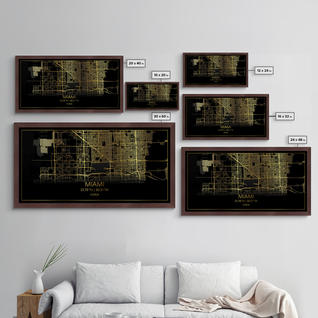 Miami Florida City Poster, Metallic Gold Art, Metal Art, real wood frames, black and gold, Street Map Art, Map Print Poster