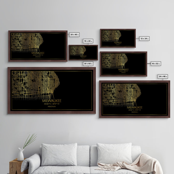 Milwaukee Wisconsin City Poster, Metallic Gold Art, Metal Art, real wood frames, black and gold, Street Map Art, Map Art