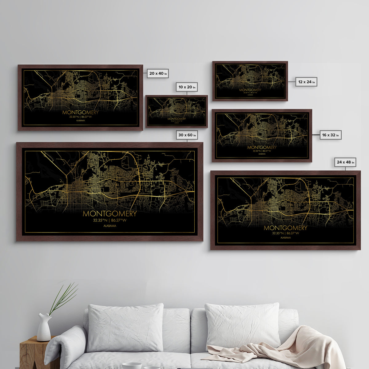 Montgomery Alabama City Poster, Metallic Gold Art, Metal Art, real wood frames, black and gold, Street Map Art, Office Decor