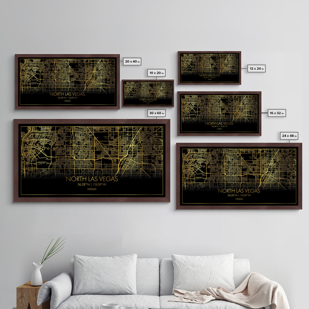 North Las Vegas Nevada City Poster, Metallic Gold Art, Metal Art, real wood frames, black and gold, Street Map Art, Modern House Art
