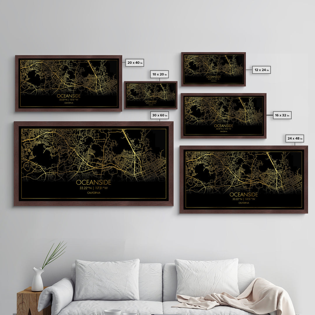 Oceanside California City Poster, Metallic Gold Art, Metal Art, real wood frames, black and gold, Street Map Art, Housewarming Gift