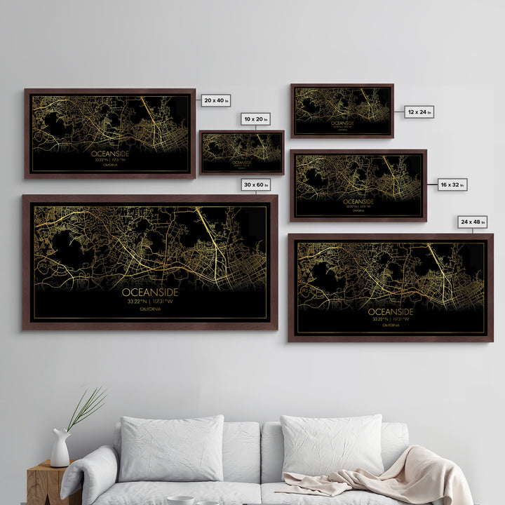 Oceanside California City Poster, Metallic Gold Art, Metal Art, real wood frames, black and gold, Street Map Art, Housewarming Gift