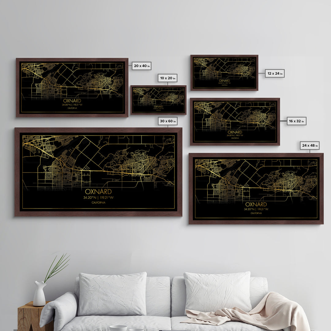 Oxnard California City street map, Metallic Gold Print, Metal Art, wood framed map, black and gold, Street Map Art, Housewarming Gift