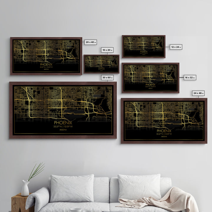 Phoenix Arizona City Poster, Metallic Gold Art, Metal Art, real wood frames, black and gold, Street Map Wall Art, Minimalist Wall Art