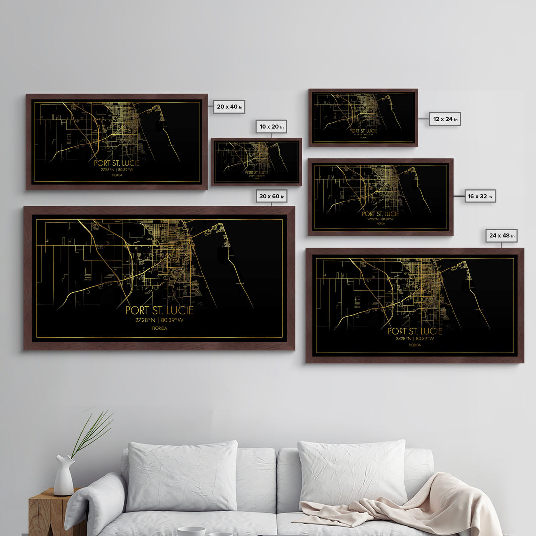 Port St. Lucie Florida City Poster, Metallic Gold Art, Metal Art, real wood frames, black and gold, Street Map Wall Art, Housewarming Gift