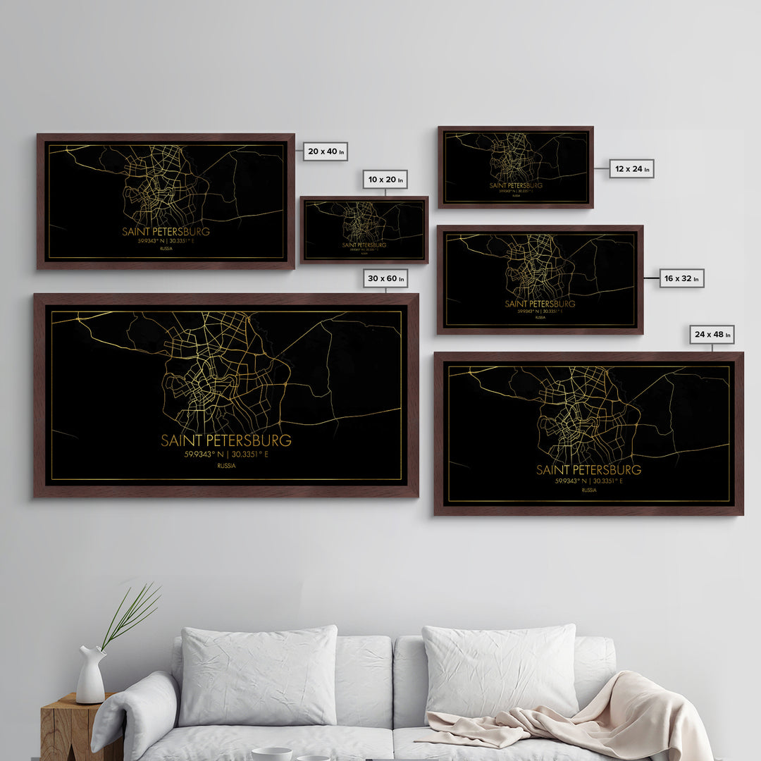 Saint Petersburg Russia City street map, Metallic Gold Print, Metal Art, wood framed map, black and gold, Street Map Art, Real Wood Frames