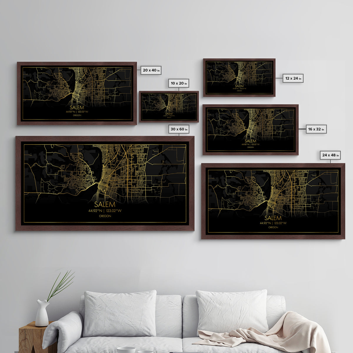 Salem Oregon City Poster, Metallic Gold Art, Metal Art, real wood frames, black and gold, Street Map Wall Art, Gold Street Map Art